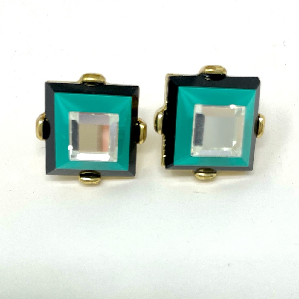 Square Pyramid Stud Earrings Gold Tone Green Navy Blue and Rhinestone